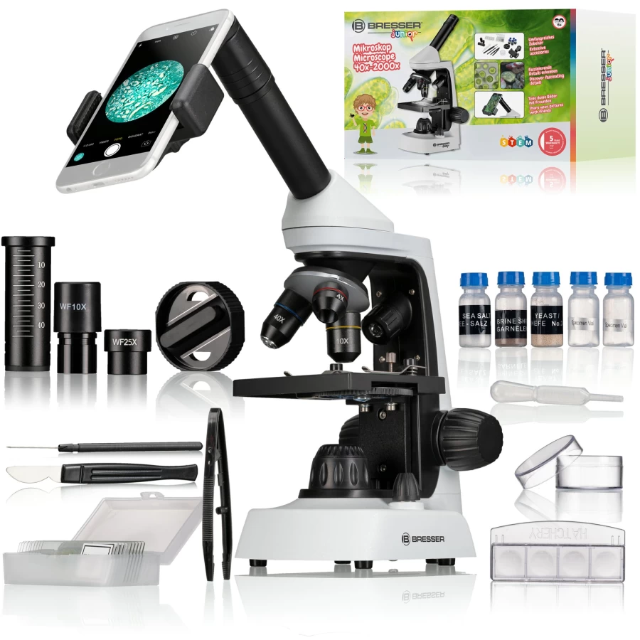 Bresser Junior Microscope 40X-2000X Magnification for Kids and Students - High-Quality Optical Lens, LED Illumination, Durable Design