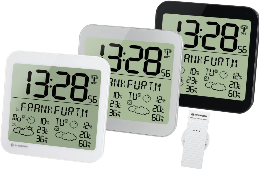 Bresser Mytime Meteotime LCD Wall Clock with Weather Display - Digital Alarm Clock for Home & Office