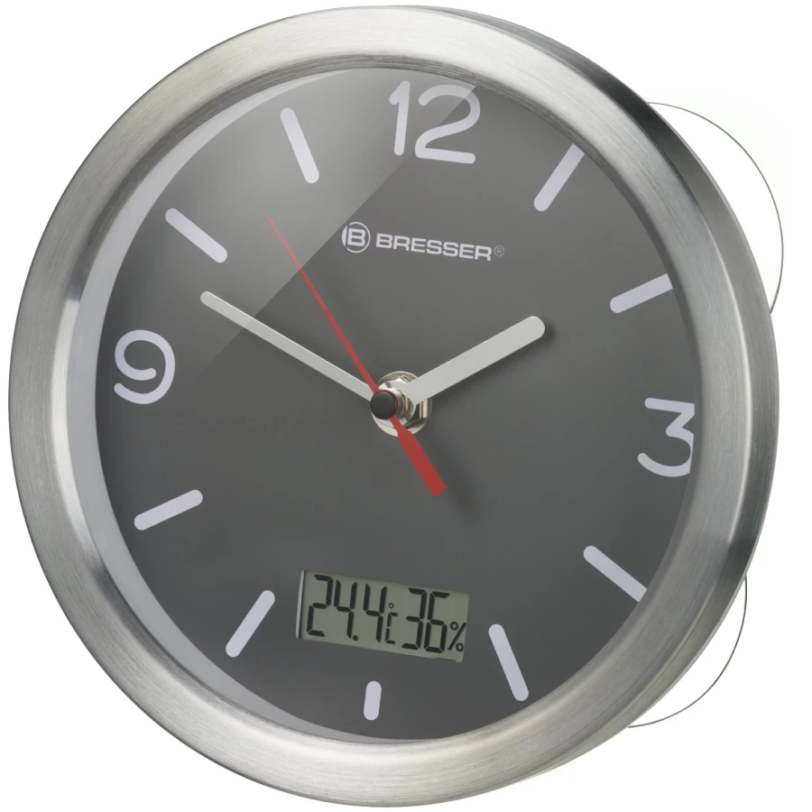 Bresser Mytime Grey Bathroom Clock with Thermometer and Hygrometer - Water-Resistant Digital Display