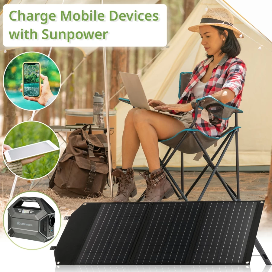 Bresser 60W Portable Solar Charger with USB and DC Output for Outdoor & Mobile Devices