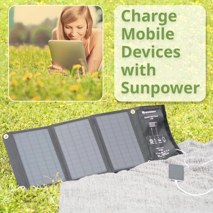 Bresser 21W Portable Solar Charger with USB and DC Output for Mobile Devices