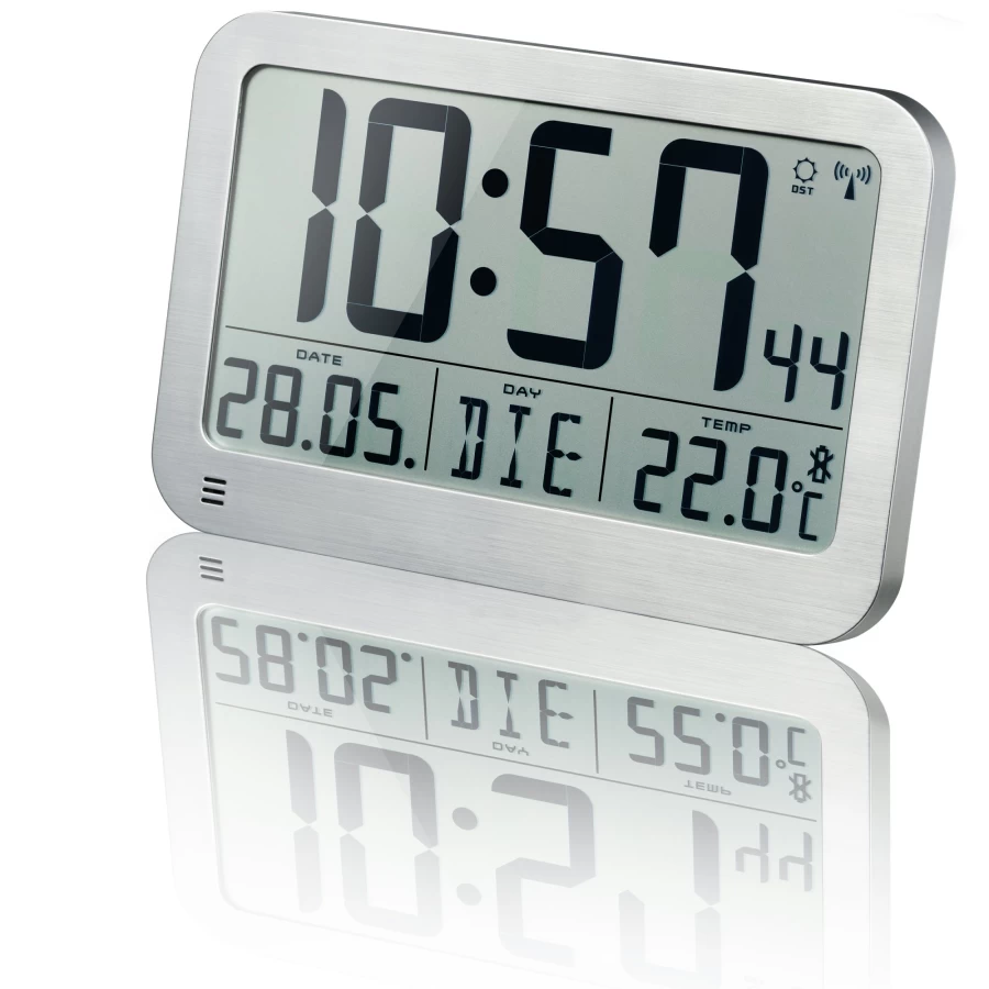 Bresser Mytime LCD Wall and Table Clock with Silver Frame - 225x150mm Digital Display