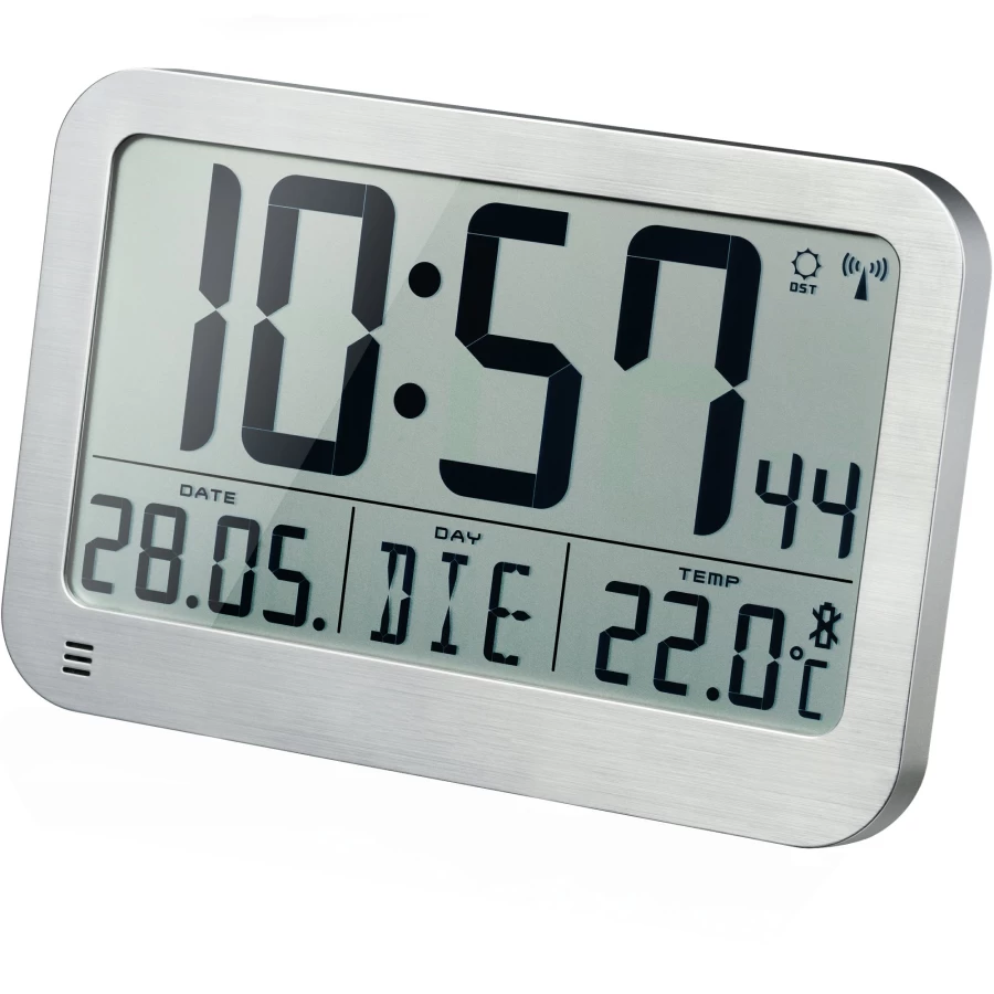 Bresser Mytime LCD Wall and Table Clock with Silver Frame - 225x150mm Digital Display