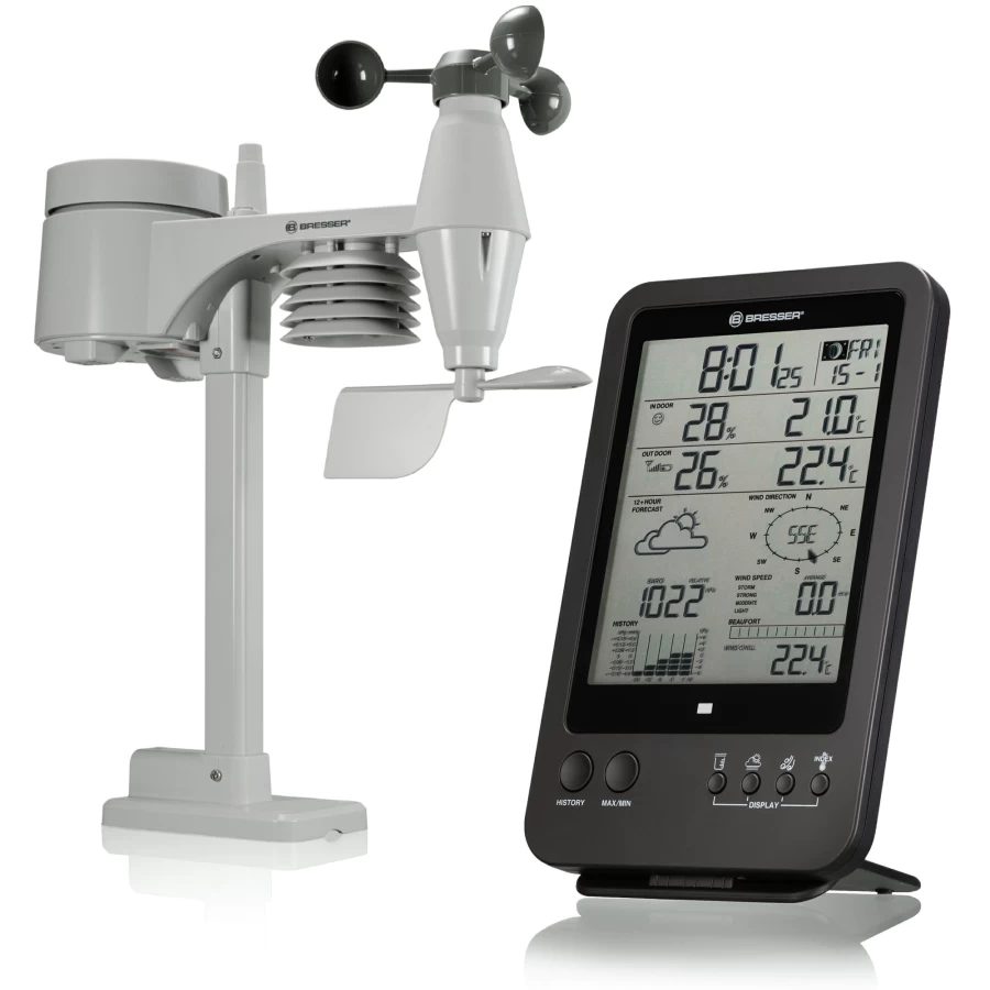 Bresser 5-in-1 Wireless Weather Station with Outdoor Sensor - Accurate Forecast, Temperature, Humidity, Wind Speed & Rainfall - Black