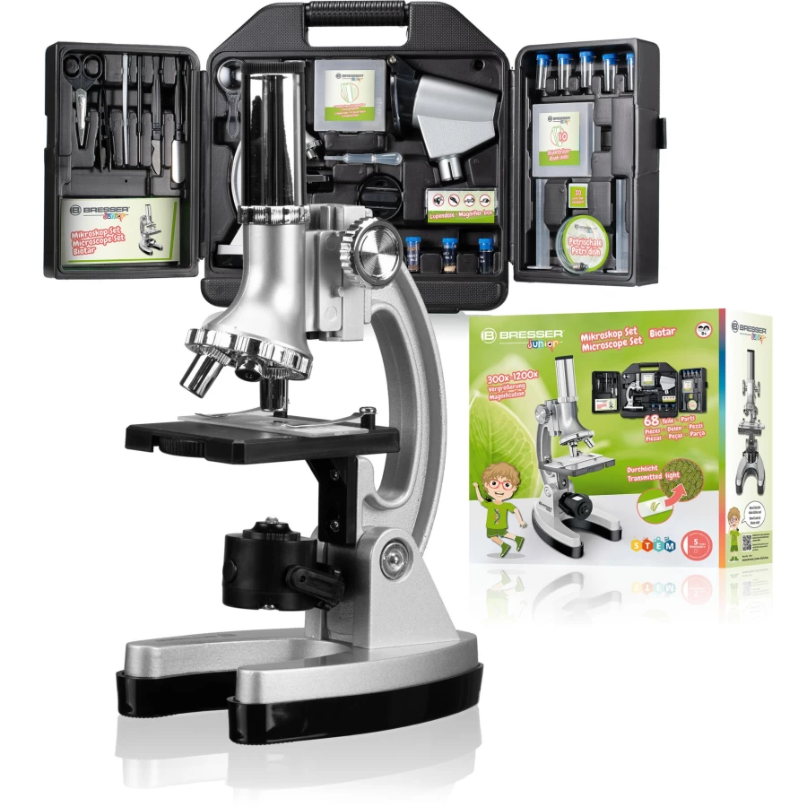 Bresser Junior Biotar Deluxe 300X-1200X Microscope Set with Portable Case for Kids & Students