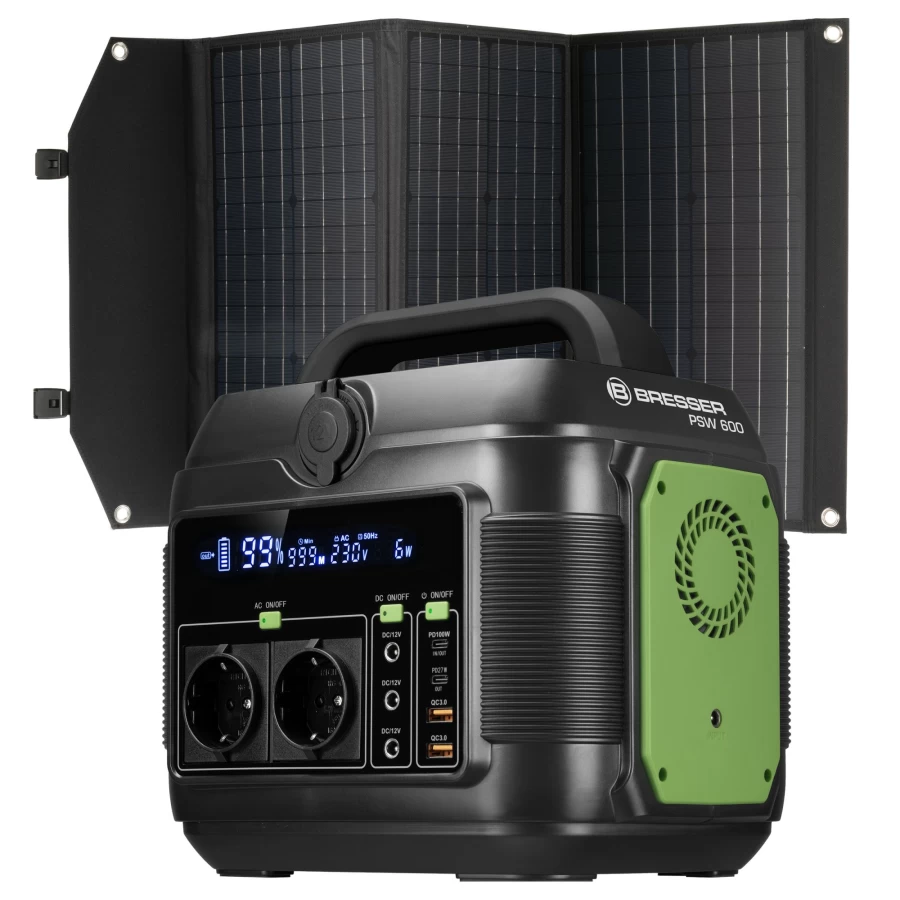 Bresser 600W Portable Power Station with 90W Solar Panel | Compact Solar Generator for Camping & Emergencies