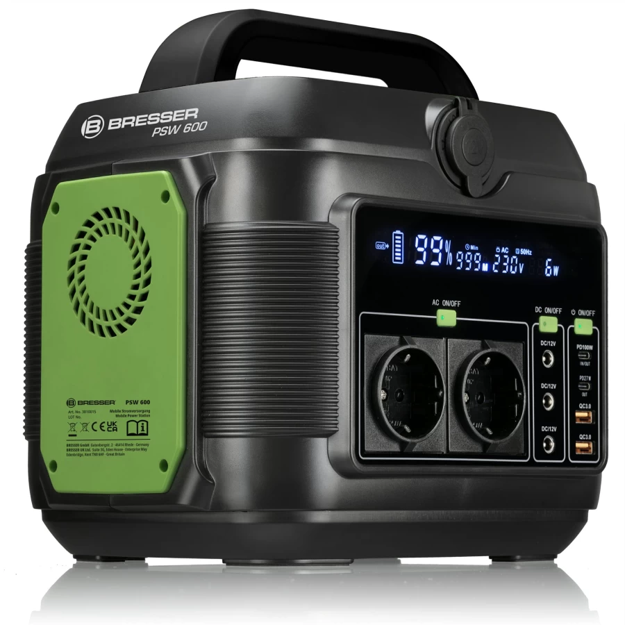 Bresser 600W Portable Power Station with 90W Solar Panel | Compact Solar Generator for Camping & Emergencies