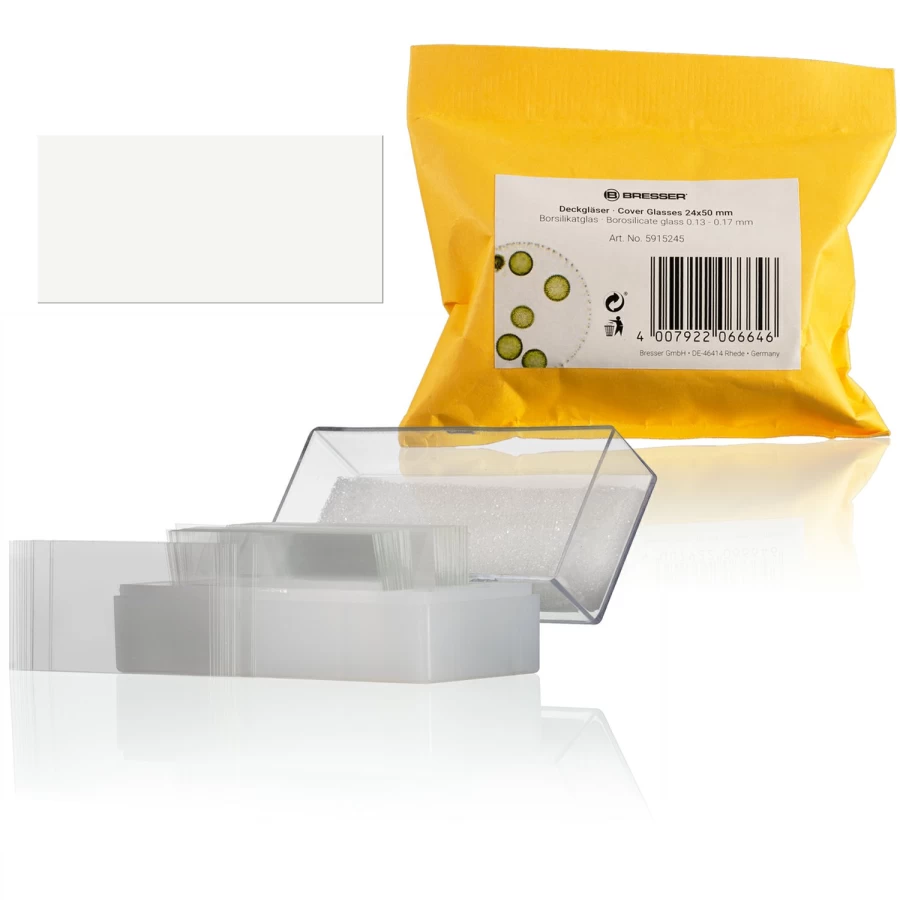 Bresser Cover Glasses, 100 Pcs Microscope Slides 24x50mm, Borosilicate Glass 3.3, Lab-Grade Coverslips for Microscopy