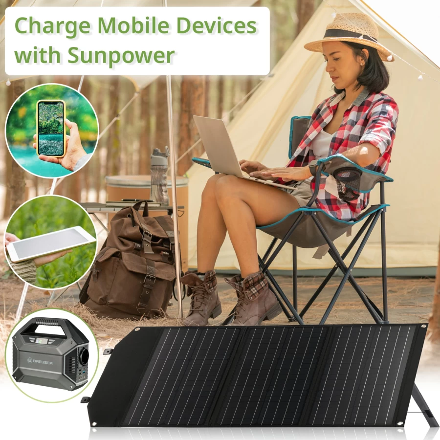 Bresser 60W Portable Solar Charger with USB and DC Output for Outdoor Power