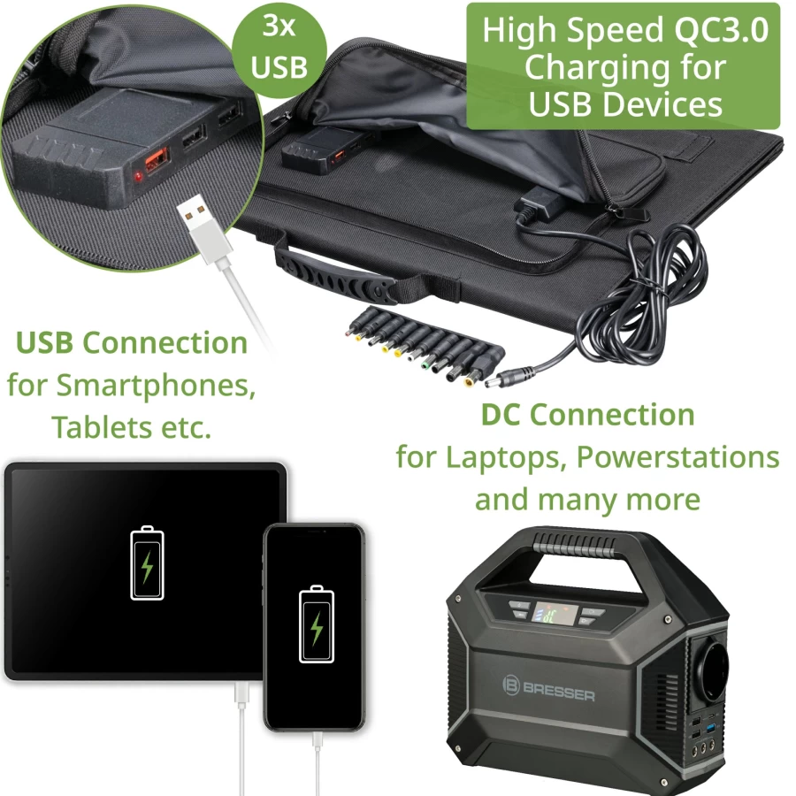 Bresser 60W Portable Solar Charger with USB and DC Output for Outdoor Power