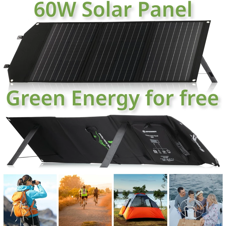 Bresser 60W Portable Solar Charger with USB and DC Output for Outdoor Power