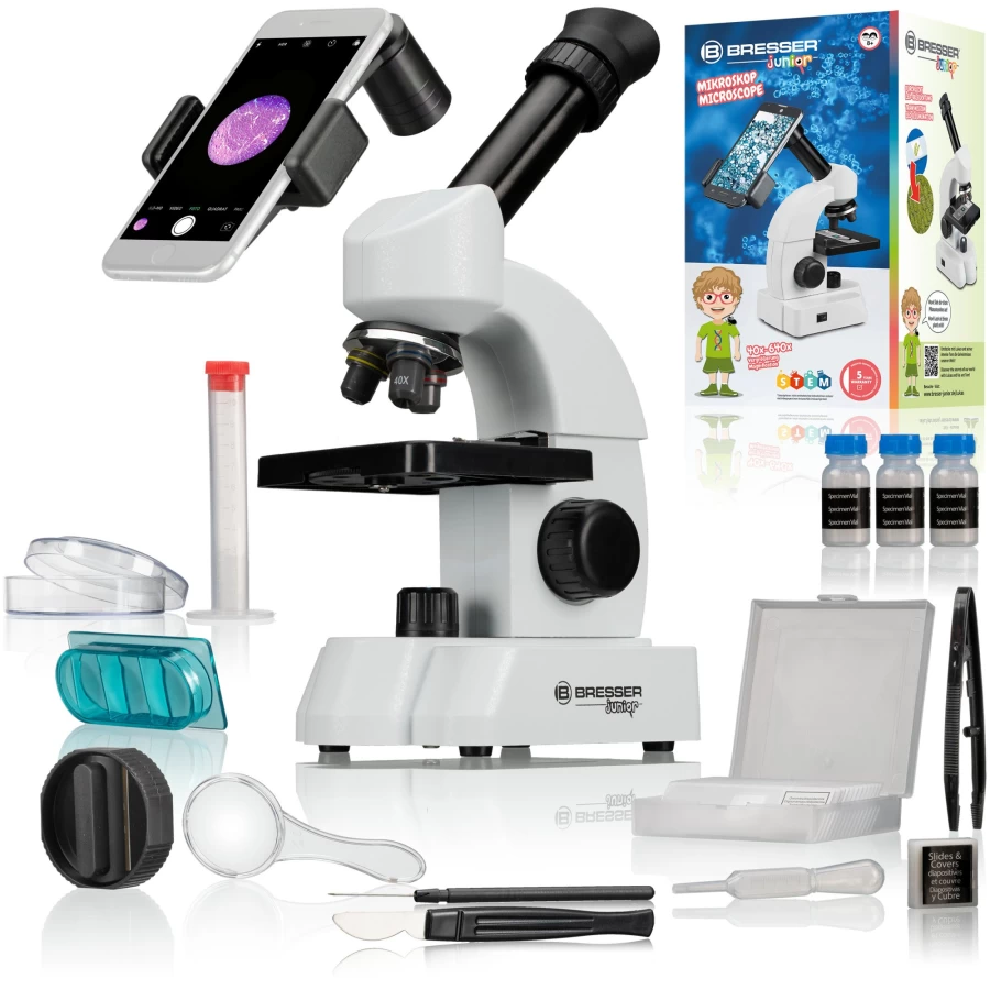 Bresser Junior Microscope for Kids – High-Quality Educational STEM Toy with LED Lighting & Accessories