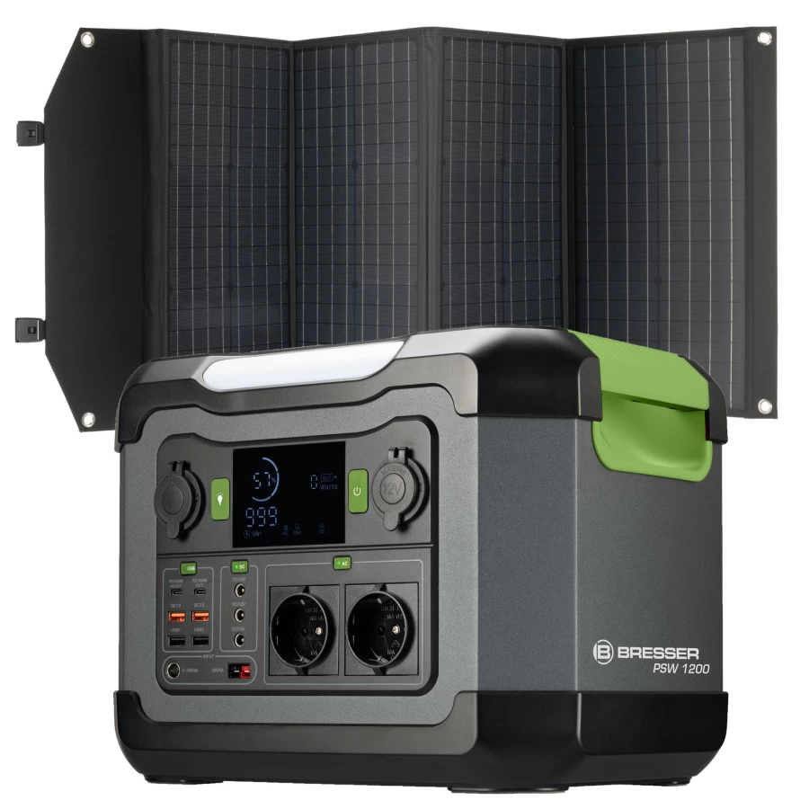 Bresser 1200W Portable Power Station with 120W Solar Panel | Solar Generator Kit for Camping & Emergencies