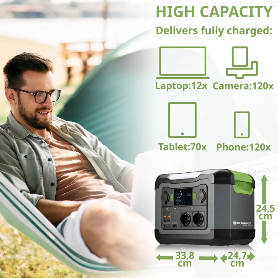 Bresser 1200W Portable Power Station with 120W Solar Panel | Solar Generator Kit for Camping & Emergencies
