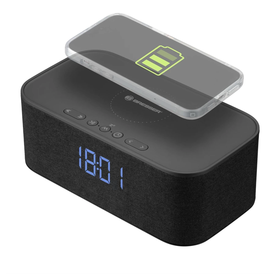 Bresser Portable Bluetooth Speaker with Alarm Clock, Wireless Charging, and NFC for Fast Pairing