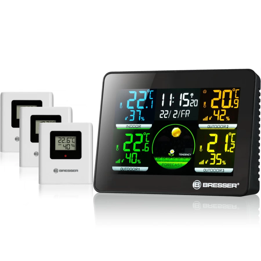 Bresser Thermo Hygro Quadro NLX - Wireless Weather Station with 3 Outdoor Sensors for Temperature and Humidity Monitoring