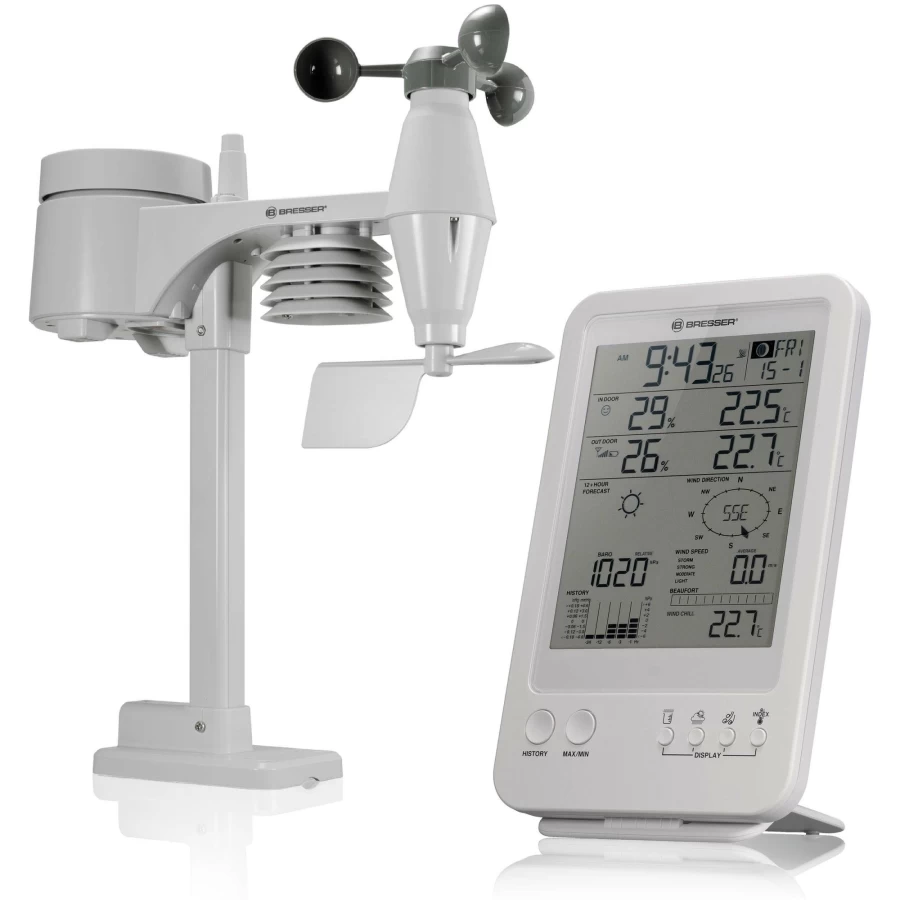 Bresser 5-in-1 Wireless Weather Station with Outdoor Sensor - Accurate Temperature, Humidity, Wind & Rain Monitoring - White Home Weather Forecaster