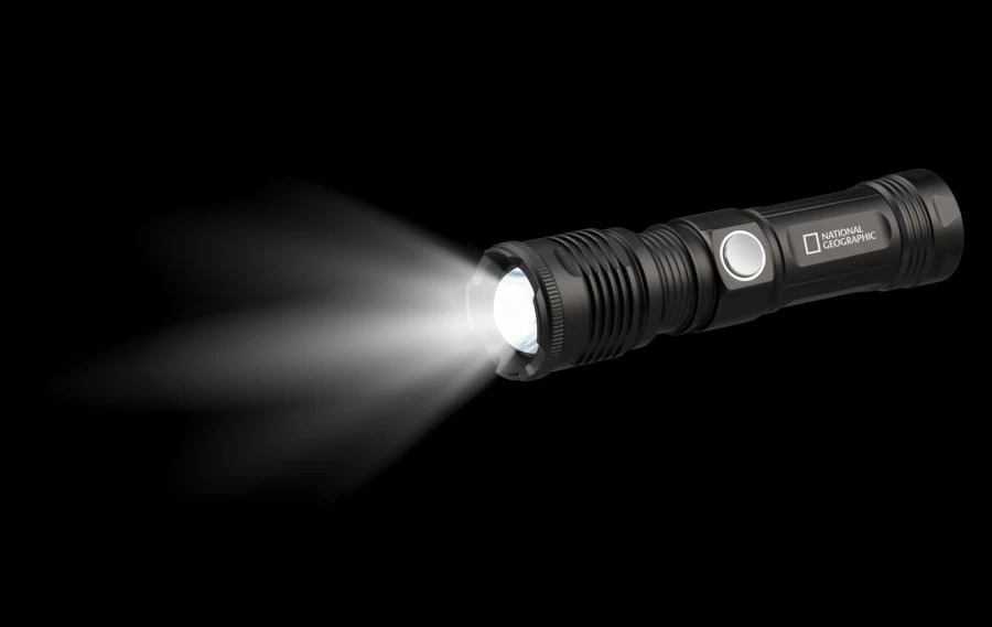 Bresser National Geographic Iluminos 1000 LED Zoom Flashlight - 1000 Lumens, High-Power, Rechargeable, Water-Resistant, Compact Design for Outdoor Adventures