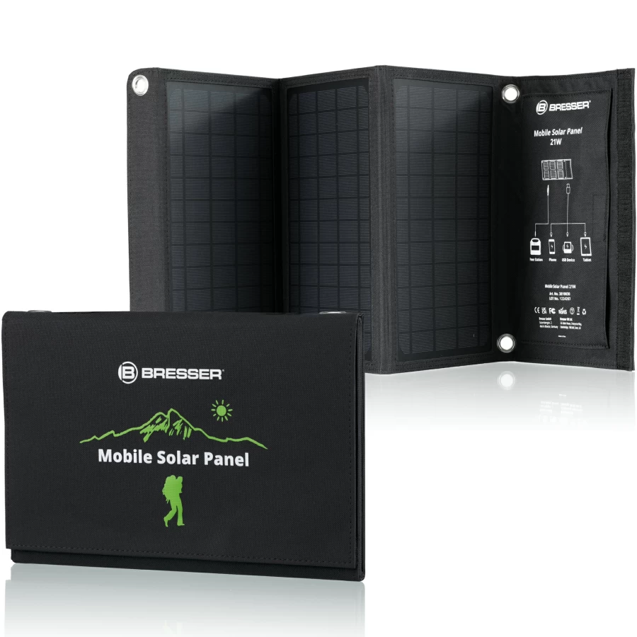 Bresser 21W Portable Solar Charger with USB & DC Output for Mobile Devices - Compact & Efficient Power Solution