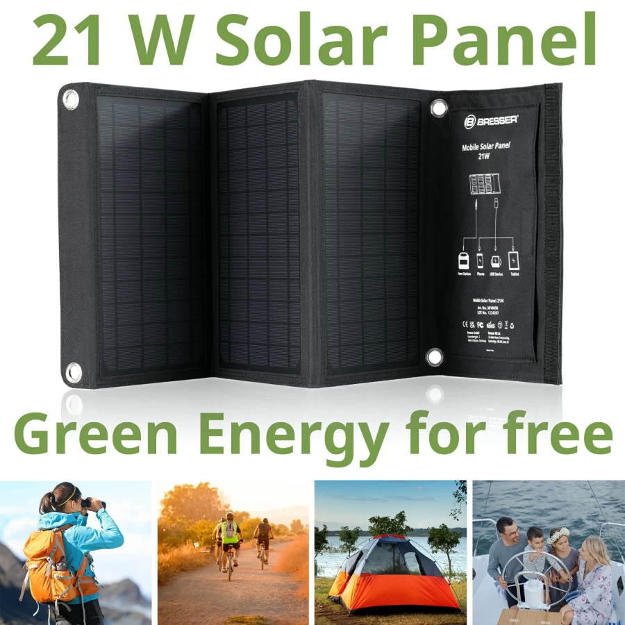 Bresser 21W Portable Solar Charger with USB & DC Output for Mobile Devices - Compact & Efficient Power Solution