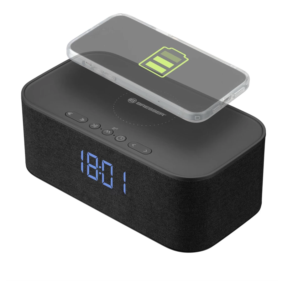 Bresser Portable Bluetooth Speaker with Alarm Clock, Wireless Charging, and FM Radio - Premium Sound Quality for Home and Travel