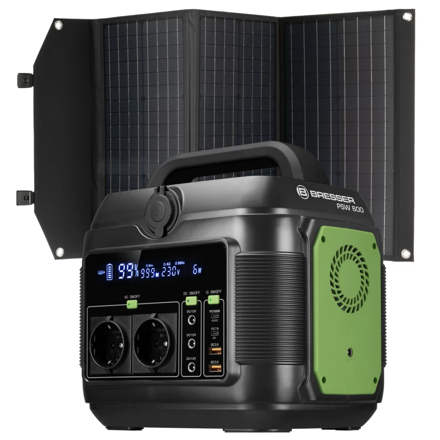 Bresser 600W Portable Power Station with 90W Solar Panel | Compact Solar Generator for Camping & Emergencies