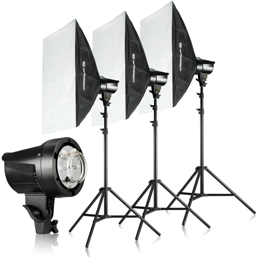 Bresser BRT-210B Studio Flash Kit - 3x 200W Strobe Lights for Professional Photography